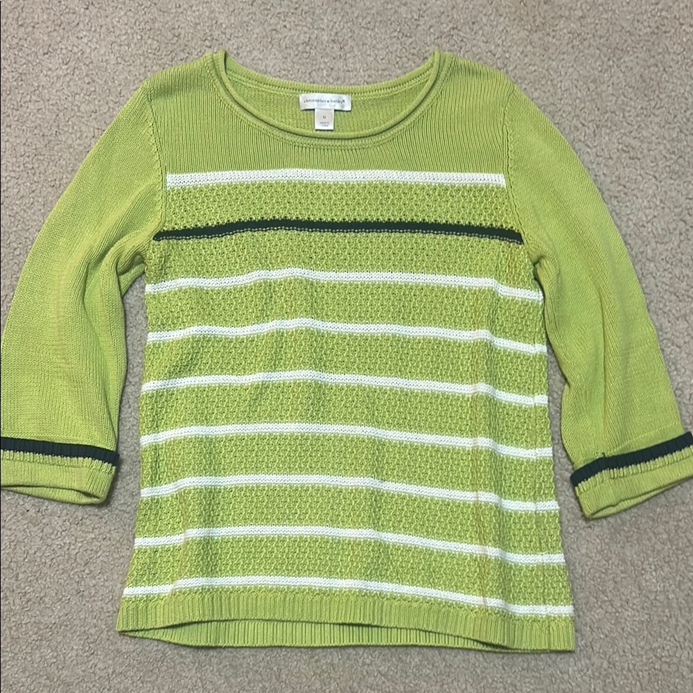 Christopher & Banks Green and White Crew Neck Sweater